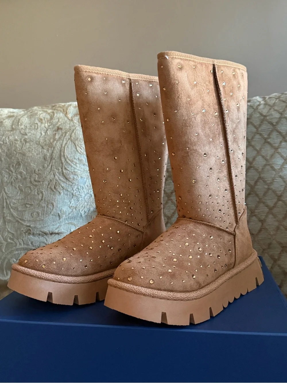 White Mountain Tan Suede Studded Mid-Calf Winter Boots